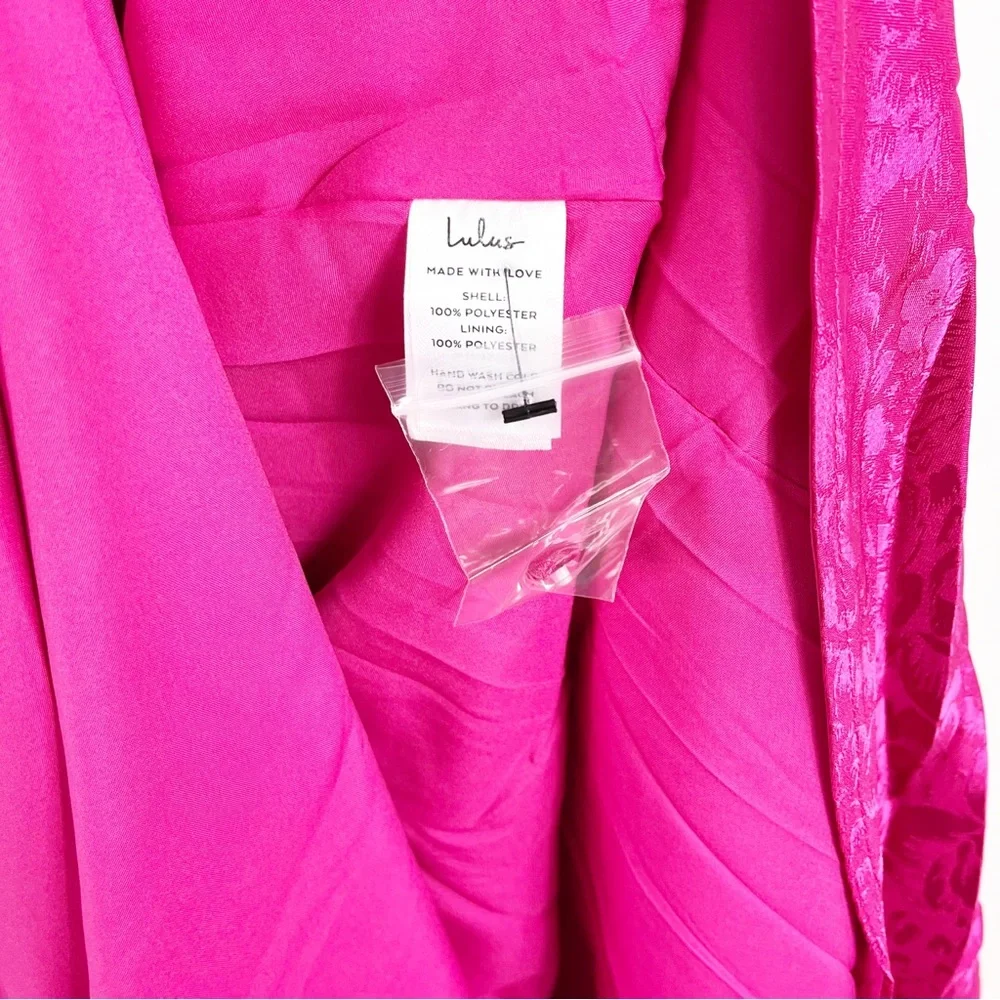 Lulus Stunning Radiance Hot Pink Satin Jacquard Cowl Midi Dress Size Medium NWT - Picture 6 of 8